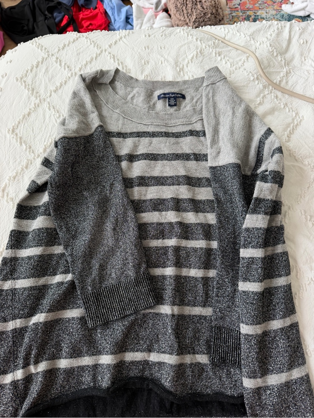 American Eagle Outfitters Gray and Light Gray Striped Crewneck Sweater